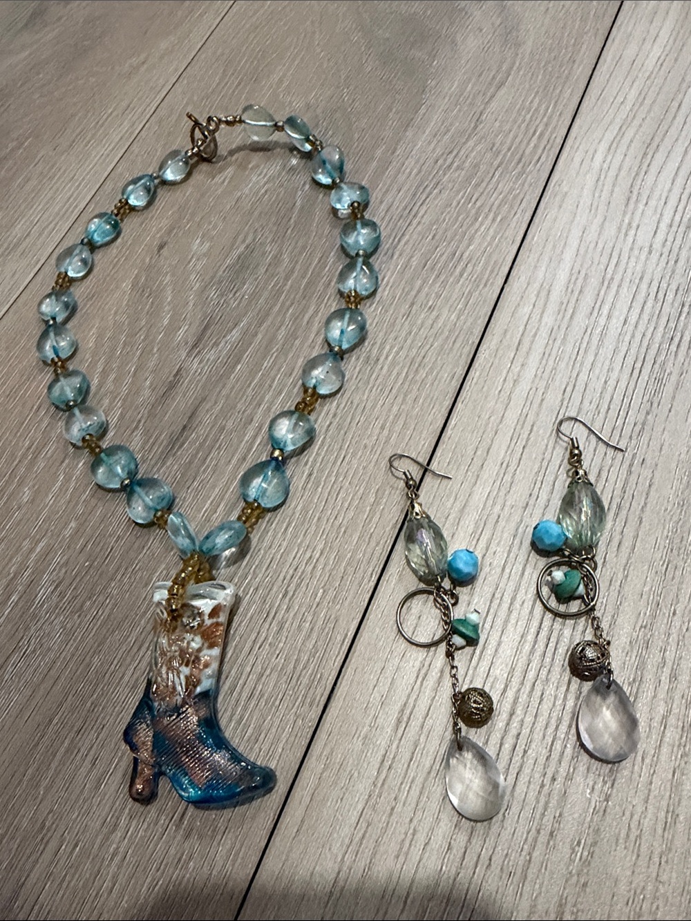 Blue Glass Bead Necklace and Dangle Earrings Set